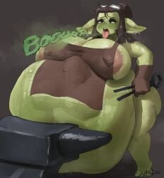 2girls big_belly big_breasts blacksmith breast_imprints female_only female_pred female_prey goblin goblin_female green_skin huge_ass huge_belly huge_breasts shortstack voluptuous voluptuous_female vore vore_belly waruiartsy