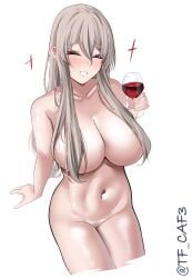 absurdres alcohol blush breasts closed_eyes covered_nipples cropped_legs cup drinking_glass drunk female female_only female_pubic_hair grey_hair hair_between_eyes highres kantai_collection large_breasts long_hair looking_at_viewer nude one-hour_drawing_challenge open_mouth pola_(kantai_collection) pubic_hair simple_background sitting smile solo solo_female sparkle tf_cafe thick_eyebrows twitter_username wavy_hair white_background wine