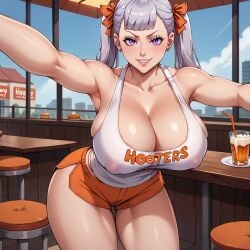 ai_generated alcohol big_breasts black_clover booty_shorts breasts cleavage clothed curvy drink glass hi_res hooters hourglass_figure huge_breasts large_breasts looking_at_viewer nipples_visible_through_clothing no_bra noelle_silva purple_eyes rubyart shirt shorts silver_hair smile thick_thighs thighs twintails voluptuous