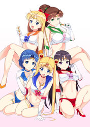 5girls ami_mizuno asahina_hikage between_breasts between_legs big_breasts bishoujo_senshi_sailor_moon blue_hair bows bra breasts cameltoe comic doujin_cover doujinshi jewelry large_breasts long_hair makoto_kino medium_breasts minako_aino multiple_girls object_between_breasts panties rei_hino sailor_jupiter sailor_mars sailor_mercury sailor_moon sailor_uniform sailor_venus skimpy_clothes small_breasts spread_legs underwear usagi_tsukino