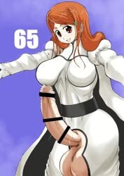 bar_censor big_breasts big_penis bleach breasts censored clothed erection futanari inoue_orihime kuguri_oimo long_hair orange_hair penis penis_out precum solo white_skin