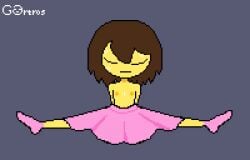 1other ambiguous_gender animated animated_gif brown_hair brown_nipples closed_eyes dancing frisk frisk_(undertale) gif gortros grey_background half_naked half_nude holding holding_dress low_res nipples no_panties no_sex pink_legwear pixel_(artwork) pixel_animation pixel_art simple_background sweat sweatdrop tutu undertale undertale_(series) up_and_down video_game yellow_skin