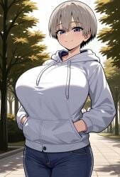 ai_generated blue_eyes coat gigantic_breasts grey_hair huge_breasts jean_shorts kemonogirls light-skinned_female light_skin looking_at_viewer massive_breasts short_hair shortstack smiling solo_female thick_body thick_female uzaki-chan_wa_asobitai! uzaki_hana voluptuous voluptuous_female