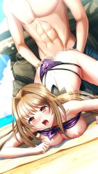 1boy bare_arms bare_legs bikini bikini_bottom_aside bikini_top_lift black_bow bow breast_press breasts brown_eyes brown_hair censored clothes_lift clothing_aside collarbone dimples_of_venus doukyuusei_another_world female game_cg grabbing_another's_ass groping hair_intakes hairbow kakyuusei_2 large_breasts lens_flare long_hair low_twintails male_swimwear mosaic_censoring nipples official_art open_mouth outdoors print_bikini purple_bikini pussy_juice saimon_tamaki saliva saliva_trail sex sex_from_behind solo_focus straight swimsuit twintails very_long_hair