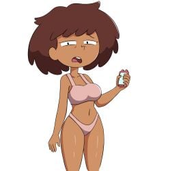 1girls 2d 2d_(artwork) aged_up amphibia anne_boonchuy belly belly_button big_breasts blauh_o bra cellphone clothed disney disney_channel female female_only hair panties phone solo thai thai_female white_background