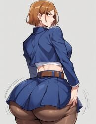 1girls ai_generated ass belt bob_cut breasts brown_eyes brown_hair crop_top from_behind goonedoutp3rv grabbing_ass grabbing_own_ass huge_ass jujutsu_kaisen kugisaki_nobara large_breasts looking_at_viewer looking_back motion_lines pantyhose school_uniform short_hair simple_background skirt solo