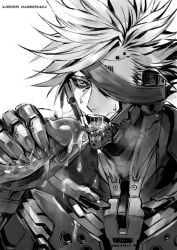 black_and_white cum_on_tongue cyborg eyepatch large_penis licking_penis metal_gear metal_gear_rising raiden_(metal_gear) saliva weiss_kurosaki yaoi