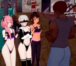 african_male androgynous astolfo_(fate) black_bra black_panties bra dark-skinned_male fate_(series) femboy feminine_male gym gym_clothes looking_up marco_diaz nier:_automata panties soiacalmanienti star_vs_the_forces_of_evil thong yorha_9s