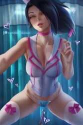 1girls akali black_hair blue_panties bow_thighhighs breasts brown_eyes choker holding_syringe kunai large_breasts league_of_legends looking_at_viewer mask_panties needle nurse nurse_akali nurse_cap nurse_uniform olchas panties ponytail riot_games syringe thighhighs