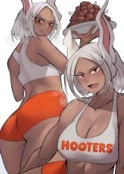 1girls ass big_ass big_boobs big_breasts big_butt boku_no_hero_academia boobs breasts bunny_ears bunny_girl butt chicken_leg clothed clothed_female confident dark-skinned_female dark_skin female food foonie_xd heroine hooters miruko my_hero_academia orange_shorts rabbit_ears rabbit_girl revealing_clothes rumi_usagiyama short_hair smile superheroine usagiyama_rumi waitress