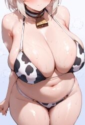 ai_generated animal_ears animal_print bangs bare_shoulders bell belly bikini blush breasts choker clavicle cleavage closed_mouth clothing cow_bell cow_ears cow_horns cow_print cow_print_bikini cow_print_swimsuit curvaceous female female horns huge_breasts large_breasts looking_at_viewer milfpudding navel neck_bell original plump print_bikini print_swimsuit short_hair sirius_(azur_lane) skindentation solo steam sweat swimsuit thick_thighs thighs wet white_bikini white_hair