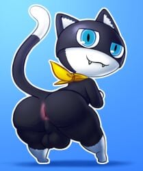 anthro anus ass ass_focus balls black_fur blue_eyes cat_ears cat_tail catboy feline femboy furry genitals male_focus male_only meowny morgana_(persona) persona persona_5 shortstack smile smiling smiling_at_viewer solo_male