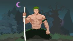 abs bara durag earrings green_hair human inmomakuro kneeling male male_only moon muscles one_piece pubic_hair roronoa_zoro scar sheath solo sword trees