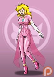 1girls blonde_hair bodysuit bondage breasts collar crown dress elbow_gloves gloves high_heels large_breasts long_hair mario_(series) nintendo pink_dress princess_peach re-maker rubber_suit