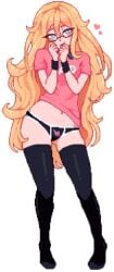 black_thighhighs blonde_hair blue_eyes glasses hands_on_face hearts_around_head kana_fujisawa light-skinned_female lowres naval no_pants original_character pixel_art shirt solo standing thighhighs underwear wristwear yumykon yumyverse