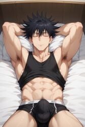 1boy abs ai_generated another_megumi armpit_hair armpits arms_behind_head bangs bara bed black_hair black_male_underwear black_tank_top briefs bulge closed_eyes closed_mouth clothes_lift erection erection_under_clothes fushiguro_megumi hair_between_eyes jujutsu_kaisen large_pectorals lying male_focus male_pubic_hair male_underwear muscular muscular_male navel on_back on_bed pectorals pillow pubic_hair short_hair sleeping solo spiked_hair tank_top thick_thighs thighs undercut underwear