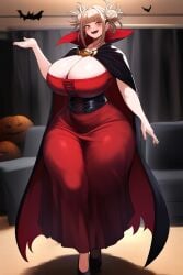 ai_generated bats big_ass big_breasts black_corset cape cleavage full_body goldencum34 halloween himiko_toga living_room my_hero_academia red_dress toga_himiko vampire_costume vampire_girl wide_hips