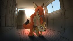 anal anthro canid canine car disney duo fennec_fox finnick finnick_(zootopia) fox from_behind_position genitals holding_partner inside_car male male/male mammal nick_wilde penis sex seyrmo size_difference smile true_fox vehicle zootopia