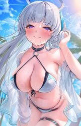 beach bikini blue_archive blush choker half-closed_eyes huge_breasts millennium_science_school_student noa_(blue_archive) open_shirt seductive seductive_smile see-through_clothing seminar_(blue_archive) thigh_strap white_shirt