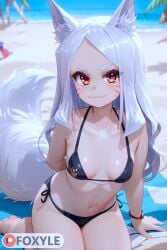 1girls ai_generated bikini female fox_ears fox_girl fox_tail foxyle happy kitsune looking_at_viewer on_beach realistic sewayaki_kitsune_no_senko-san shiro_(sewayaki_kitsune_no_senko-san) small_breasts smug smug_face