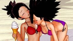 2girls 3d beach bikini black_hair breasts caulifla closed_eyes dragon_ball dragon_ball_super holding_ice_cream_cone ice_cream ice_cream_cone ice_cream_on_breasts kale licking_breast medium_breasts outside ponytail purple_bikini purple_swimsuit red_bikini red_swimsuit side-tie_bikini side-tie_swimsuit spiky_hair swimsuit theotakucultist yuri