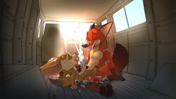 absurd_res anthro canid canine car disney duo fennec_fox finnick_(zootopia) fox frottage genitals hi_res inside_car male male/male mammal nick_wilde pawpads penile penis sex seyrmo sitting size_difference smile true_fox vehicle zootopia