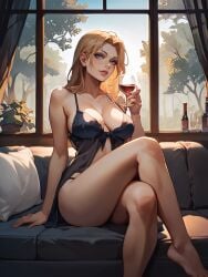 ai_generated blonde_hair couch crossed_legs milf nightie wine