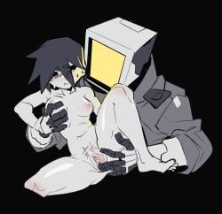 1boy :< barefoot black_background black_eyes blush clothed_male_nude_female completely_nude female grabbing_another's_arm grabbing_another's_breast grabbing_from_behind grey_jacket groping hair_over_eyes half-closed_eyes highres humanoid_robot jacket looking_at_another monitor nipples nude original pipebomb_(cracker68659106) pubic_hair pussy robot screen_face short_eyebrows short_hair simple_background spread_legs spread_pussy spreading_another's_pussy