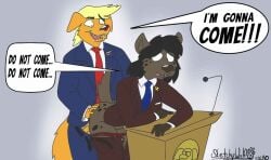 1boy 1girls ambiguous_penetration anthro anthro_on_anthro anthro_only anthrofied artist_logo artist_signature black_hair blonde_hair brown_fur clothed dated democrat donald_j_trump donald_trump from_behind hammer_and_sickle hyena kamala_harris lion low_res lowres microphone orange_fur panties parody red_panties republican sketchywolf-13 suit tail talking talking_to_another text text_box text_bubble united_states_of_america