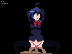 blue_eyes blue_hair chuunibyou_demo_koi_ga_shitai! penis reverse_cowgirl_position rider schoolgirl sex shika-hina short_hair takanashi_rikka thighhighs uniform vaginal_penetration