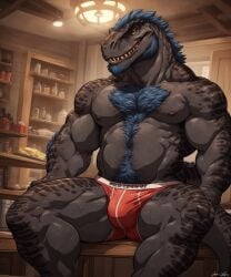 ai_generated anthro biceps blue_hair buldge clothing detailed_background dinosaur facial_hair kitchen kuranoidss looking_at_viewer male muscular muscular_male nipples reptile scales scalie sharp_teeth smile spread_legs spreading table tail thick_neck tyrannosaurus tyrannosaurus_rex underwear