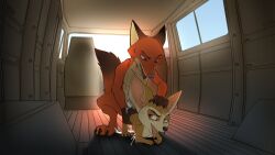 anal anthro bodily_fluids canid canine car cum disney duo fennec_fox finnick finnick_(zootopia) fox from_behind_position genital_fluids inside_car looking_pleasured male male/male mammal nick_wilde sex seyrmo size_difference smile true_fox vehicle zootopia