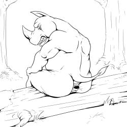 anthro anus clenched_teeth duo forest full_tour grass hi_res horn log looking_back male male/male mammal moss musclegut muscular mustelid otter outside pandottermon plant plot_twist puffy_anus regret rhinoceros safe_vore sitting_on_log tail teeth tree vore whiskers wood