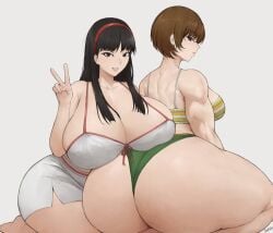 2girls amagi_yukiko ass batako batako_(batakoart) big_ass big_breasts bikini breasts cleavage curvy female_focus highres huge_ass huge_breasts kneeling large_breasts looking_at_viewer looking_back multiple_girls muscular muscular_female persona persona_4 satonaka_chie short_hair skindentation swimsuit thick_thighs thighs v