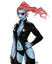 2015 anthro blue_skin breasts cleavage clothed clothes eye_patch eyewear female female_only fish hand_on_hip kkhoppang long_hair marine navel ponytail red_hair rubber scar sharp_teeth side_shave signature small_breasts solo standing tied_hair toned undertale undyne white_background yellow_eyes yellow_sclera