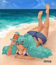 1girls ass beach big_ass big_breasts big_thighs bikini brazil brazilian brazilian_female brazilian_miku breasts butt cyan_eyes cyan_hair female female_only hatsune_miku latin_american_hatsune_miku_(meme) long_hair looking_at_viewer lying shorts sindio solo tagme tan tan_body thick_hips thick_thighs thighs twintails vocaloid water