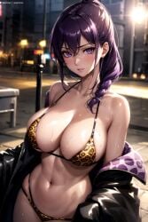 ai_generated big_breasts leather_jacket leopard_print leopard_print_bikini night_city ponytail purple_eyes purple_hair urban