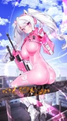 alice_(nikke) bodysuit breasts cute_girl goddess_of_victory:_nikke looking_back mito609 pink_suit presenting_ass