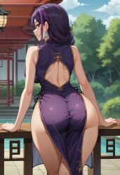 ai_generated ass ass black_hair chinese_clothes clothing earrings female hi_res huge_breasts isak2905 kurosaki_ruri looking_at_viewer lulu_obsidian purple_hair rear_view red_eyes seductive seductive_smile smile solo thick thick_ass yu-gi-oh! yu-gi-oh!_arc-v