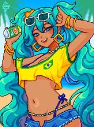 2020 2024 alternate_skin_color artist_logo bangles beach beads belly_button bikini bikini_under_clothes blue_eyes blue_hair booty_shorts brazil brazilian brazilian_female brazilian_miku crop_top_overhang dark-skinned_female ear_piercing female flag glasses_on_head hatsune_miku holding_soda looking_at_viewer meme navel necklace pixel_art short_shorts shorts soda_can solo swimsuit tanned_skin twintails vocaloid waist_beads wristwear yumykon