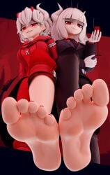 2girls 3d 3d_(artwork) 5_toes beelzebub_(helltaker) black_toenails feet foot_fetish foot_focus giantess hell helltaker light_skin lucifer_(helltaker) red_eyes red_toenails smiling_at_viewer soles soles_fetish suits toes white_hair