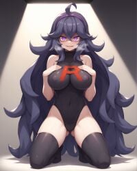 1girls ahoge ai_generated bare_shoulders blush brainwashing corruption covered_navel covered_nipples female gluteal_fold hair_between_eyes hairband heavy_breathing hex_maniac kneeling large_breasts legs_apart leotard long_hair looking_at_viewer mind_control notreallyhere pokemon pokemon_trainer purple_eyes purple_hair smile solo spotlight team_rocket_uniform thighhighs very_long_hair