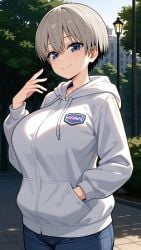 ai_generated blue_eyes coat gigantic_breasts grey_hair huge_breasts jean_shorts kemonogirls light-skinned_female light_skin looking_at_viewer massive_breasts short_hair shortstack smiling solo_female thick_body thick_female uzaki-chan_wa_asobitai! uzaki_hana voluptuous voluptuous_female