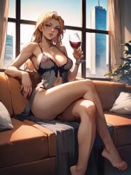 ai_generated blonde_hair couch crossed_legs milf nightie wine