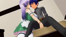 1boy 1girls 3d animated assertive assertive_female big_breasts blue_eyes blue_hair boko877 breast_press breasts busty crotch_rub female glasses indoors interior large_breasts legs long_hair male naughty_face original purple_hair seductive_smile short_hair sideboob sitting skirt smile tagme thighs video waitress