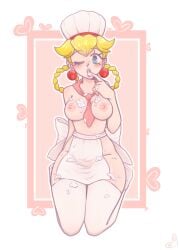 1girls apron areolae blonde_hair blonde_hair_female blush blush_lines braided_pigtails breasts breasts_out chef_hat earrings female frosting frosting_everywhere frosting_on_breasts hat heart leggings nightowlnsfw nipples one_eye_closed pinup pinup_pose princess_peach super_mario_bros. tie