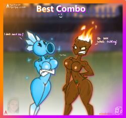 2d 2d_(artwork) 2girls agonywelds angry annoyed anthro arms_crossed blurry_background fire flames glowing hands_on_hips meme nipples plants_vs_zombies pussy snow_pea_(pvz) text thick_ass thick_thighs thighs torchwood torchwood_(pvz)