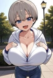 ai_generated blue_eyes gigantic_breasts grey_hair huge_breasts jean_shorts kemonogirls light-skinned_female light_skin looking_at_viewer massive_breasts short_hair shortstack smiling solo_female thick_body thick_female thick_thighs thighs uzaki-chan_wa_asobitai! uzaki_hana voluptuous voluptuous_female