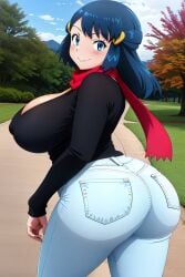 ai_generated ass_focus big_ass big_breasts black_sweater blue_hair blue_jeans blush booty busty cleavage creatures_(company) curvy dawn_(pokemon) denim_jeans female female_only from_behind from_side game_freak hair_clips hi_res highres jeans long_sleeves looking_at_viewer nintendo outdoors pokemon pokemon_(game) pokemon_dppt pokemon_trainer realistic_background scenic seraphim_ai smile solo stable_diffusion thick_butt thick_thighs tight_jeans