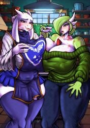 2girls anthro big_ass big_breasts bluewolfartista boss_monster_(undertale) breast_press breasts_bigger_than_head chubby chubby_female commission crossover eastern_and_western_character full_lips furry gardevoir goat green_hair huge_breasts kitchen lipstick_mark looking_at_viewer massive_breasts mature_female mature_woman milf monster_girl mother nintendo pokemon pokemon_(species) thick thick_legs thick_thighs thigh_highs thighhighs toriel undertale undertale_(series) white_fur wide_hips